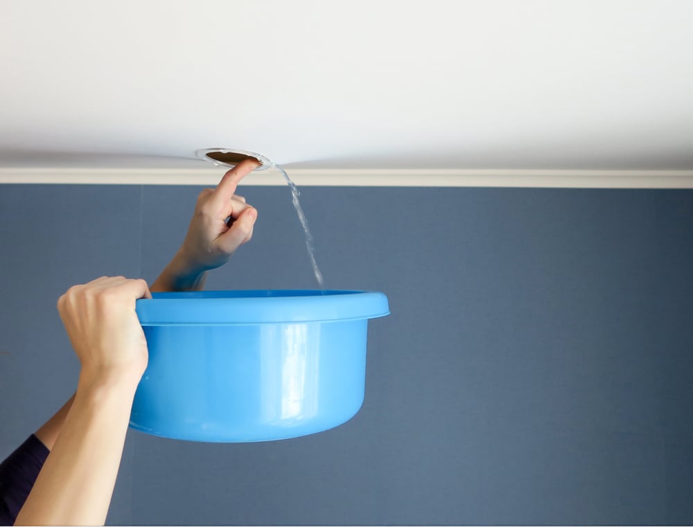 man holding bucket under ceiling water leak